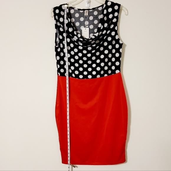 Mike is Stretch Black/Red White Polka-dot Sleeveless Sheath Dress Cowlneck Sz XL - Picture 3 of 11
